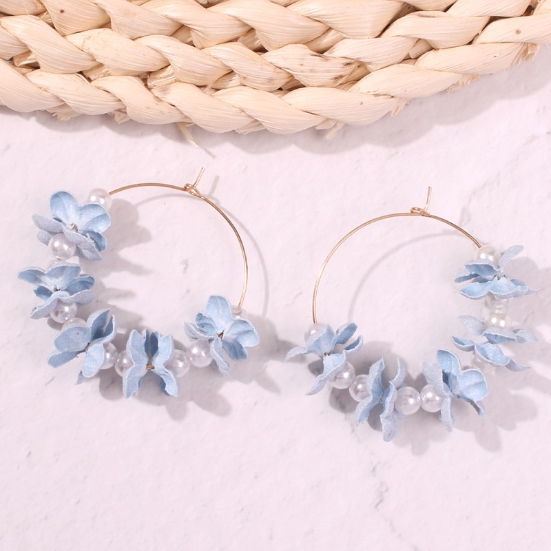 Fashion Navy Blue Alloy Pearl Non-woven Flower Earrings,Hoop Earrings