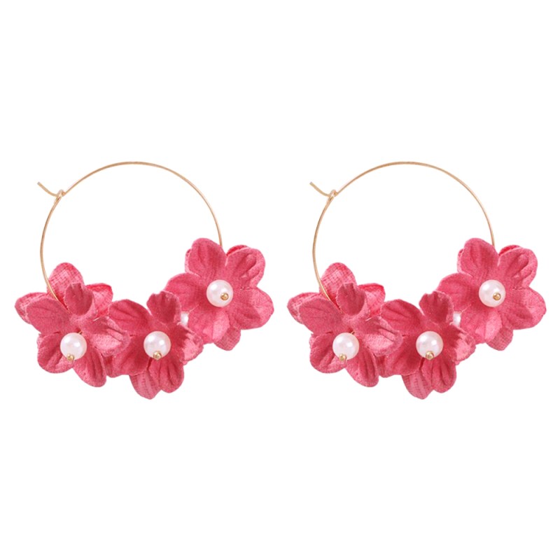 Fashion Watermelon Red Alloy Pearl Non-woven Flower Earrings,Hoop Earrings