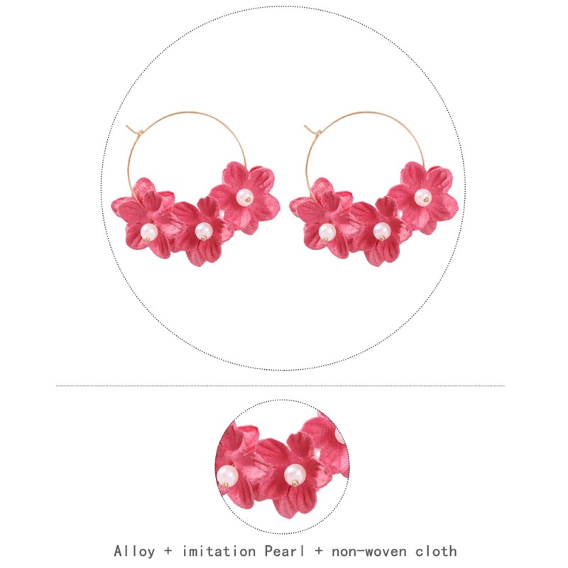 Fashion Watermelon Red Alloy Pearl Non-woven Flower Earrings,Hoop Earrings