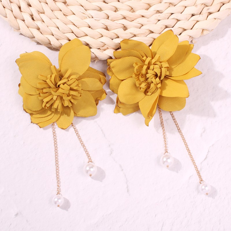 Fashion Ginger Yellow Alloy Cloth Flower Pearl Earrings,Drop Earrings