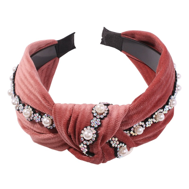 Fashion Red Wine Gold Velvet Pearl Studded Knotted Headband,Head Band