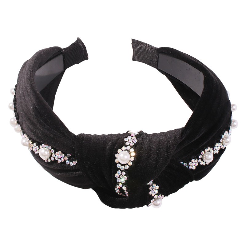 Fashion Navy Blue Gold Velvet Pearl Studded Knotted Headband,Head Band