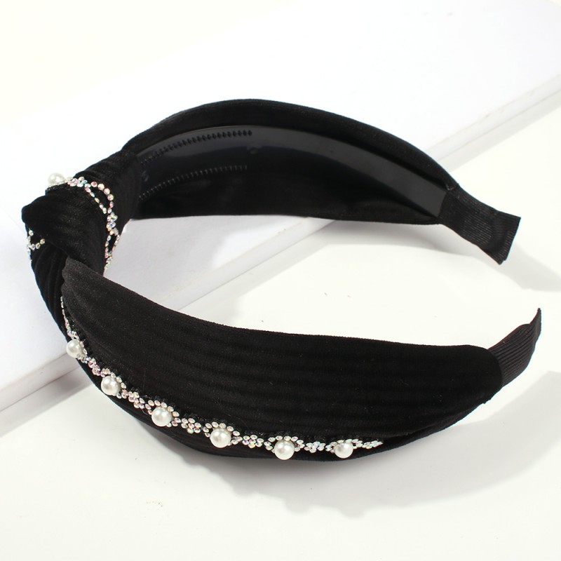 Fashion Navy Blue Gold Velvet Pearl Studded Knotted Headband,Head Band