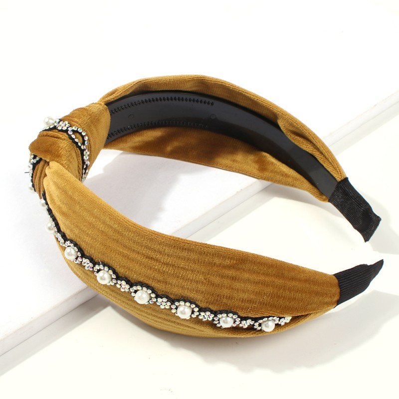 Fashion Ginger Yellow Gold Velvet Pearl Studded Knotted Headband,Head Band