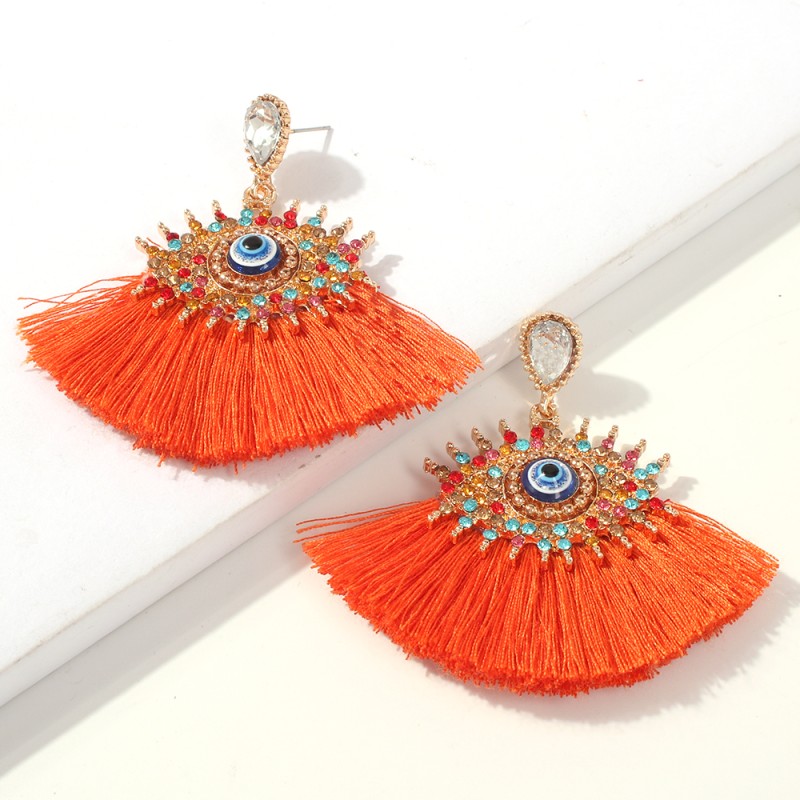 Fashion Orange Alloy Studded Eye Tassel Earrings,Drop Earrings