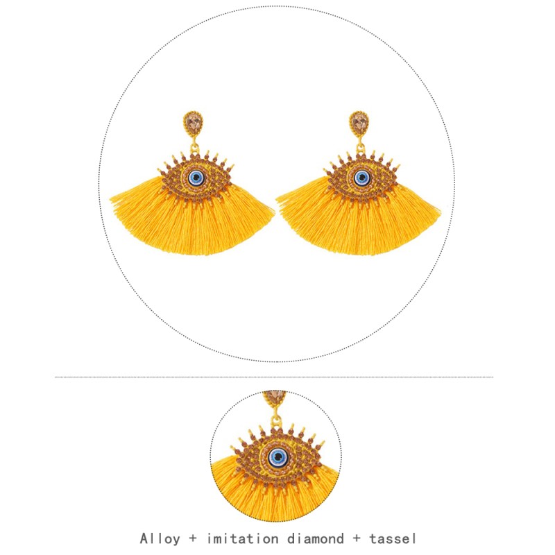 Fashion Yellow Alloy Studded Eye Tassel Earrings,Drop Earrings