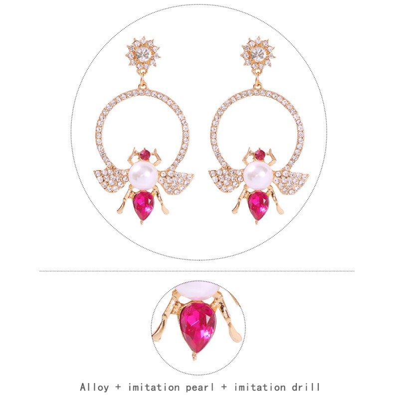 Fashion Rose Red Alloy Diamond-studded Bee Stud Earrings,Drop Earrings