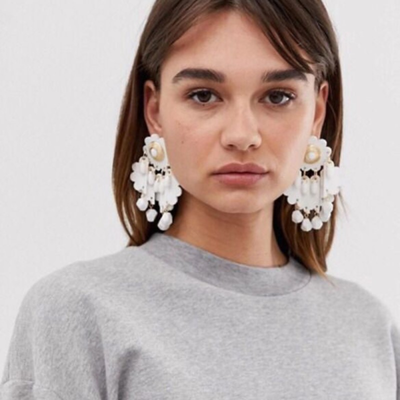 Fashion White Alloy Non-woven Resin Beads Tassel Earrings,Drop Earrings