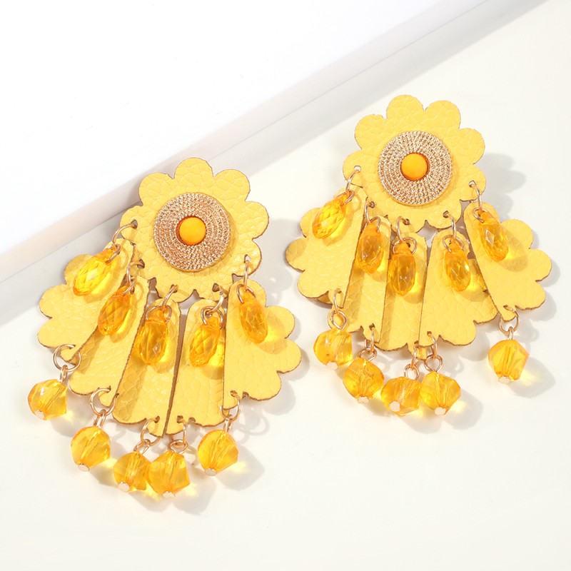 Fashion Yellow Alloy Non-woven Resin Beads Tassel Earrings,Drop Earrings