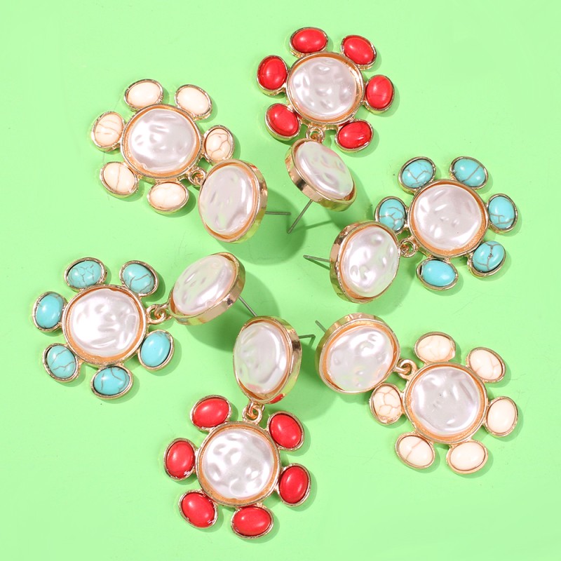 Fashion Red Alloy Resin Pearl Flower Earrings,Drop Earrings