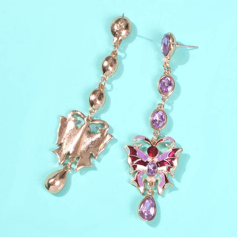 Fashion Purple Alloy Diamond Butterfly Stud Earrings,Drop Earrings