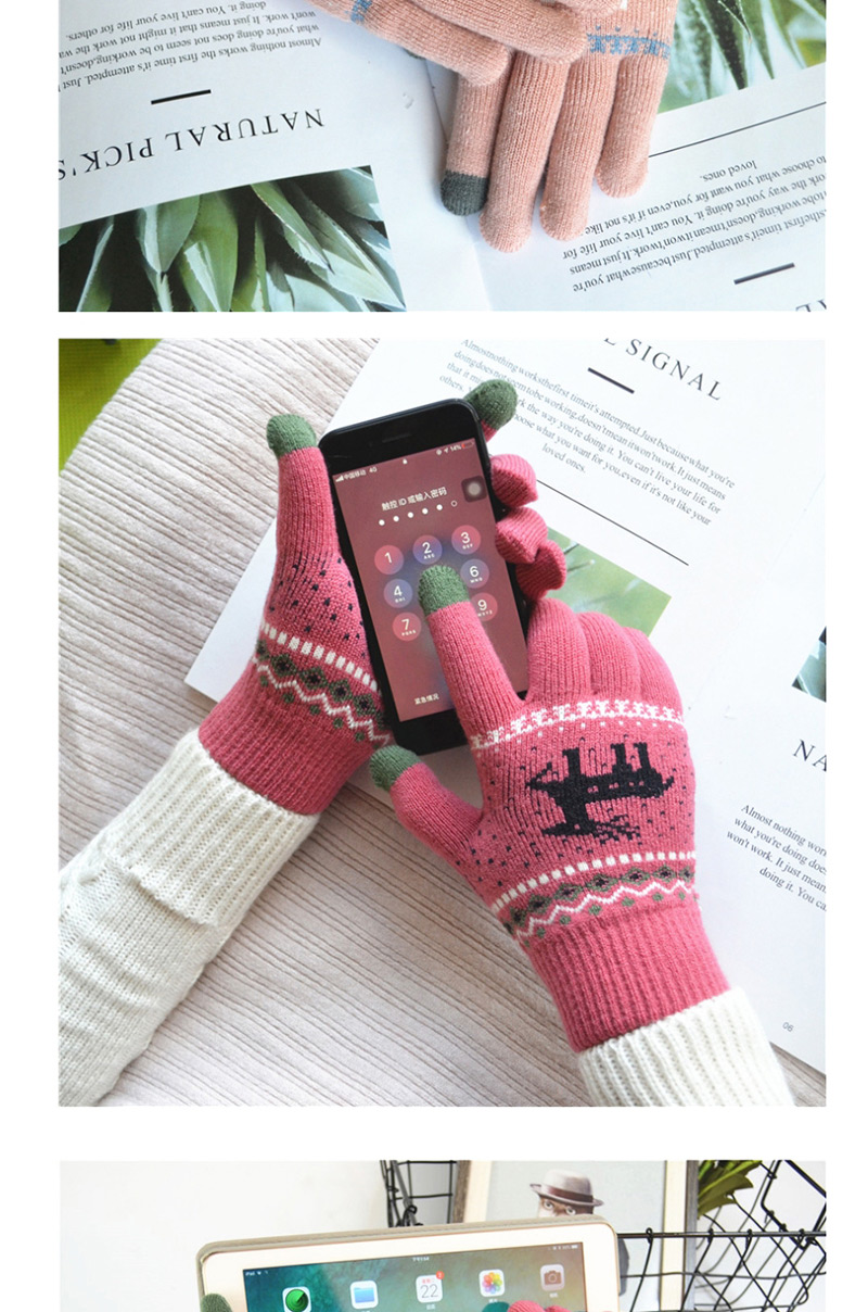 Fashion Rose Red Fawn Christmas Plus Velvet Knitted Wool Touch Screen Gloves,Full Finger Gloves