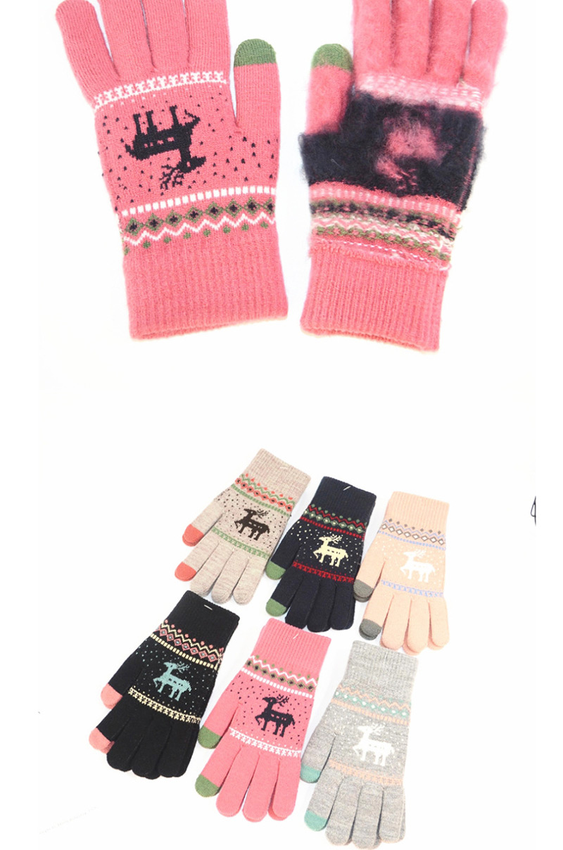 Fashion Khaki Fawn Christmas Plus Velvet Knitted Wool Touch Screen Gloves,Full Finger Gloves