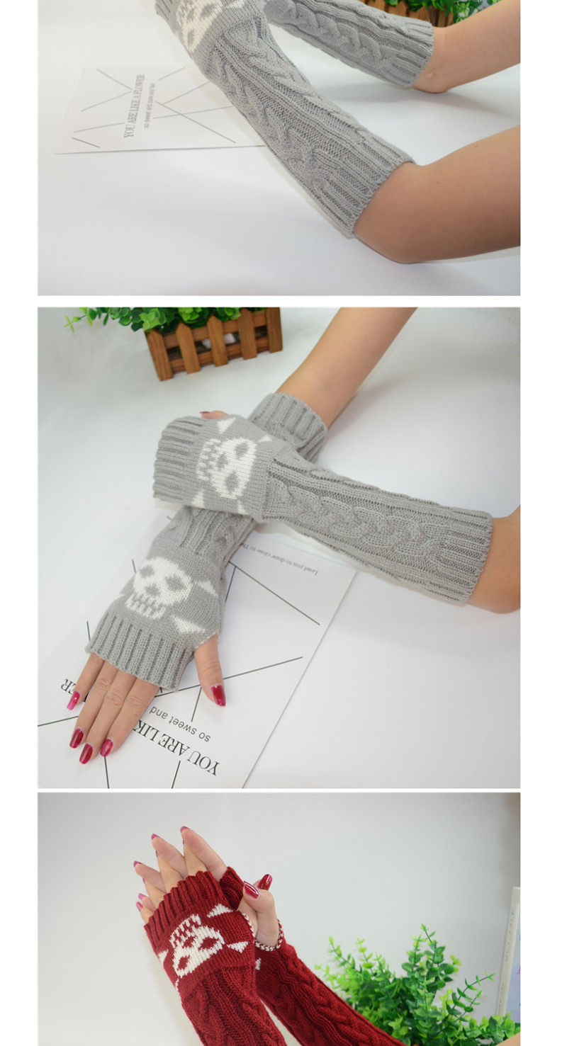 Fashion Light Gray Black Skull Long-sleeved Half-finger Gloves,Fingerless Gloves