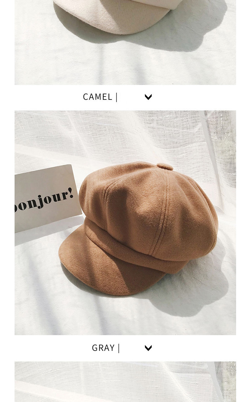 Fashion Solid Color Octagonal Hat Beige Woolen Beret,Beanies&Others