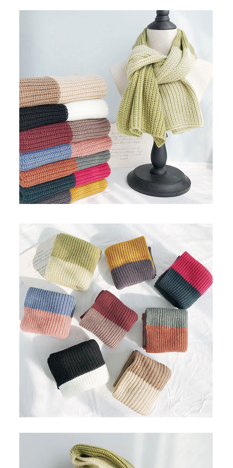 Fashion Two-tone Mosaic Beige + Khaki Stitched Two-tone Knit Short Scarf,knitting Wool Scaves