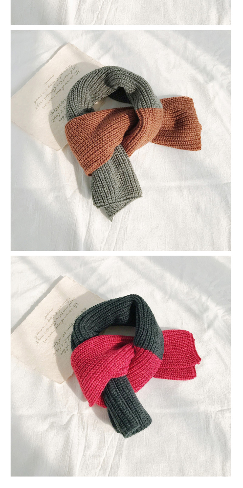 Fashion Two-color Stitching Dark Green + Rose Red Stitched Two-tone Knit Short Scarf,knitting Wool Scaves