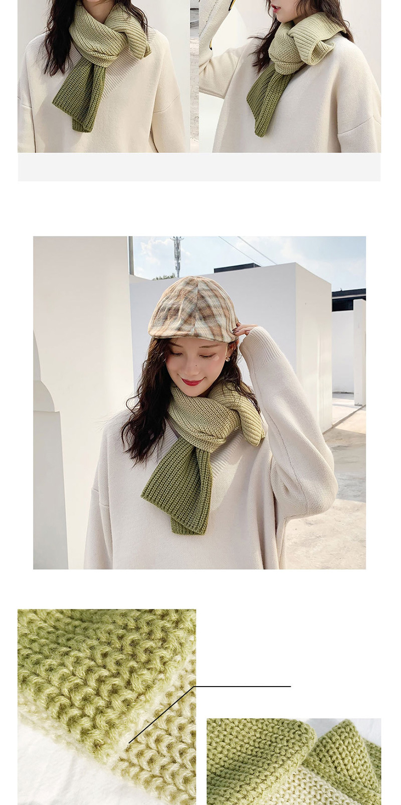 Fashion Two-color Stitching Light Green + Bean Green Stitched Two-tone Knit Short Scarf,knitting Wool Scaves