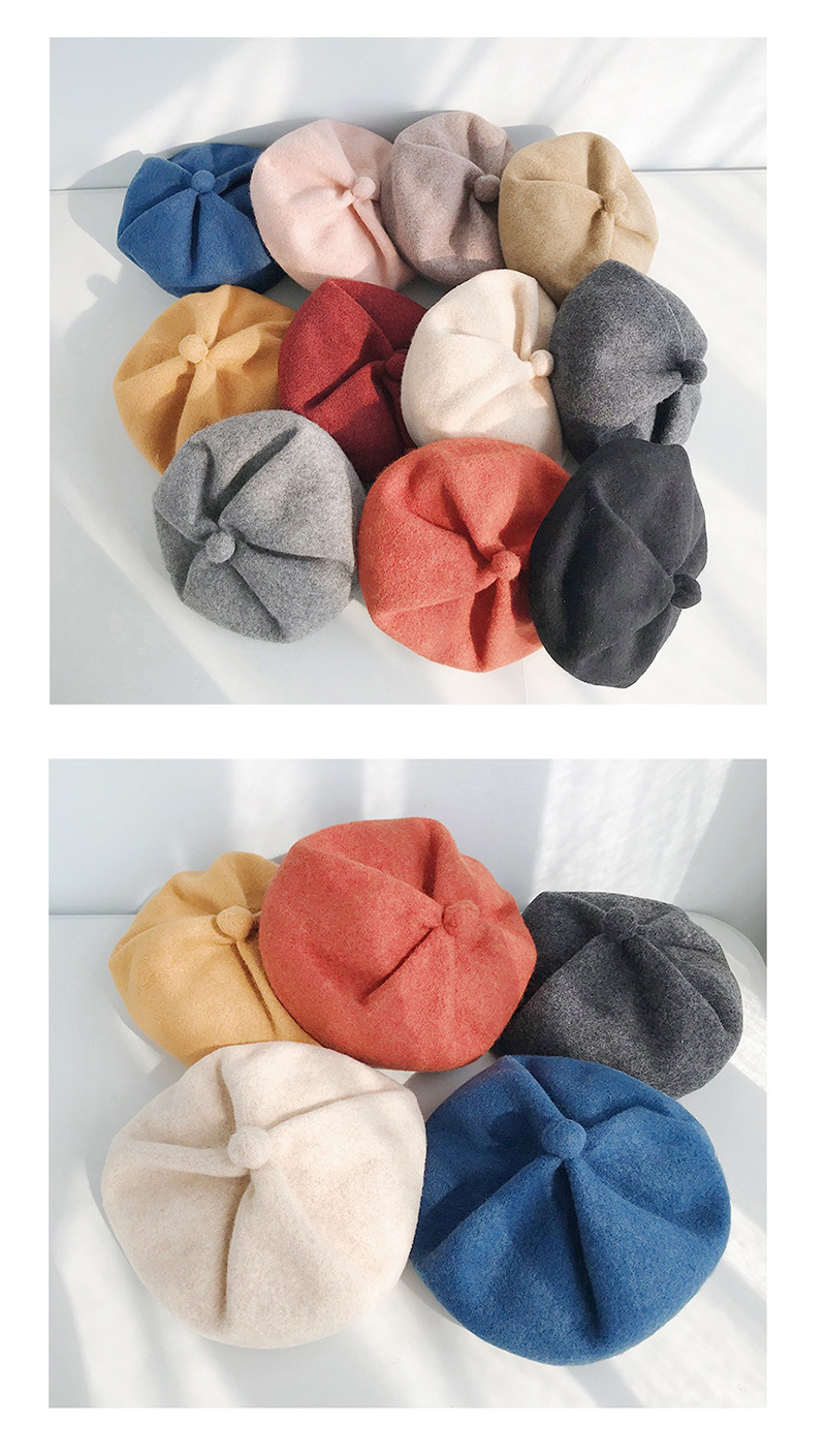 Fashion Solid Color Pumpkin Hat Black Wool Button Beret,Beanies&Others