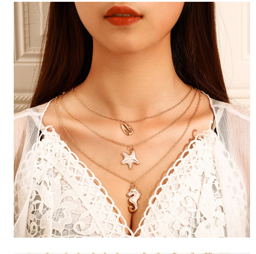 Fashion Green Seahorse Shell Starfish Multilayer Necklace,Multi Strand Necklaces