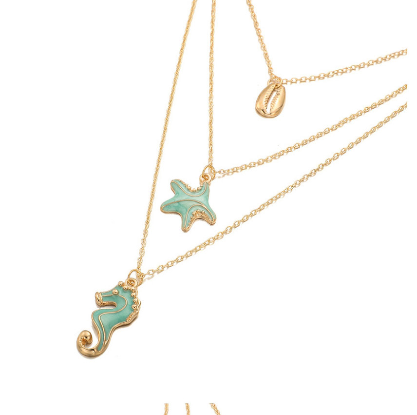 Fashion Green Seahorse Shell Starfish Multilayer Necklace,Multi Strand Necklaces