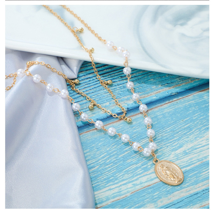Fashion Gold Pearl Jesus Geometric Multilayer Necklace,Multi Strand Necklaces