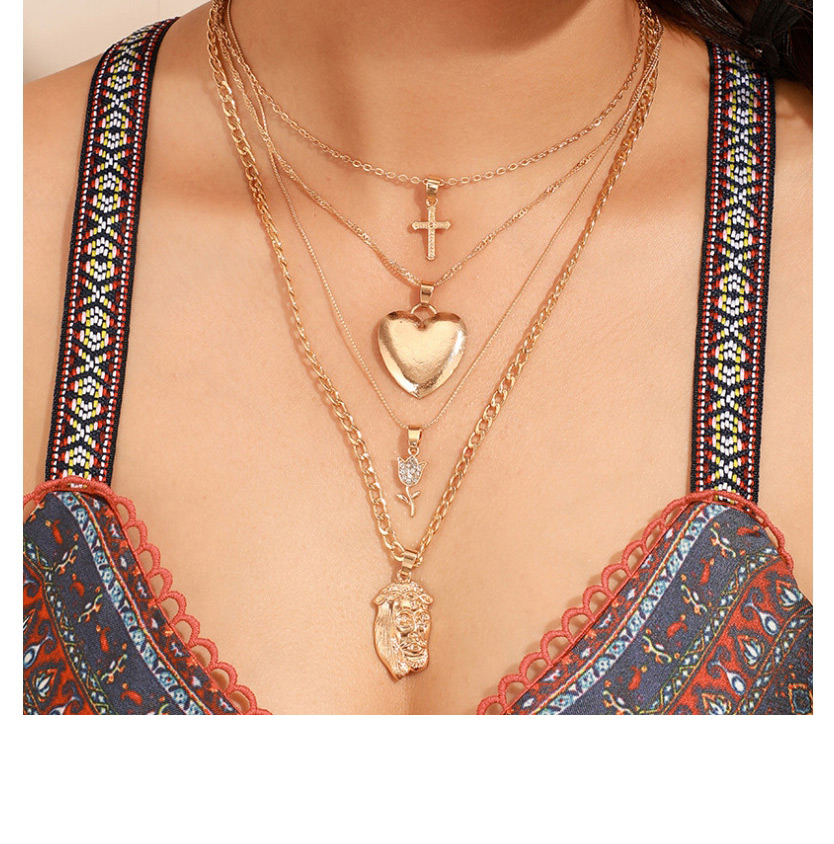 Fashion Gold Face Flower Love Cross Alloy Multi-layer Necklace,Multi Strand Necklaces