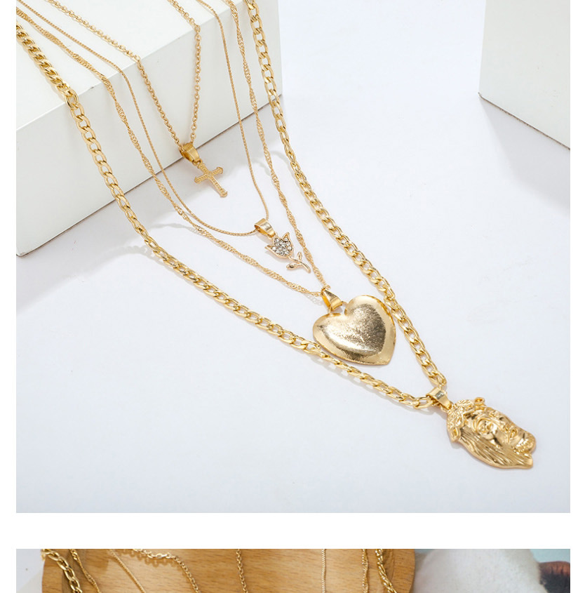 Fashion Gold Face Flower Love Cross Alloy Multi-layer Necklace,Multi Strand Necklaces