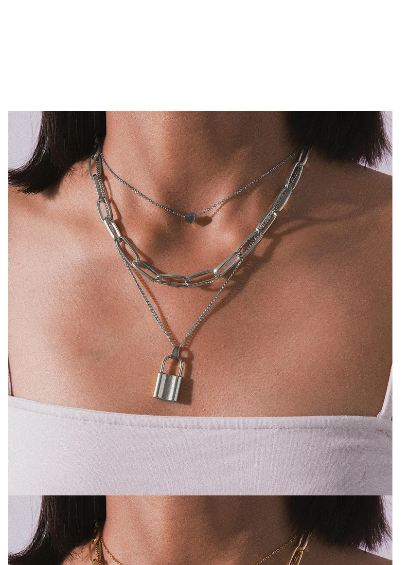 Fashion Gold Thick Chain Multi-layer Geometric Lock Love Necklace,Multi Strand Necklaces