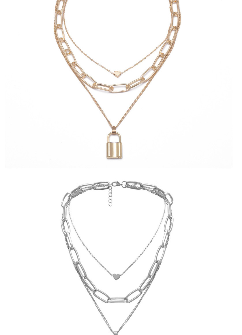 Fashion White K Thick Chain Multi-layer Geometric Lock Love Necklace,Multi Strand Necklaces
