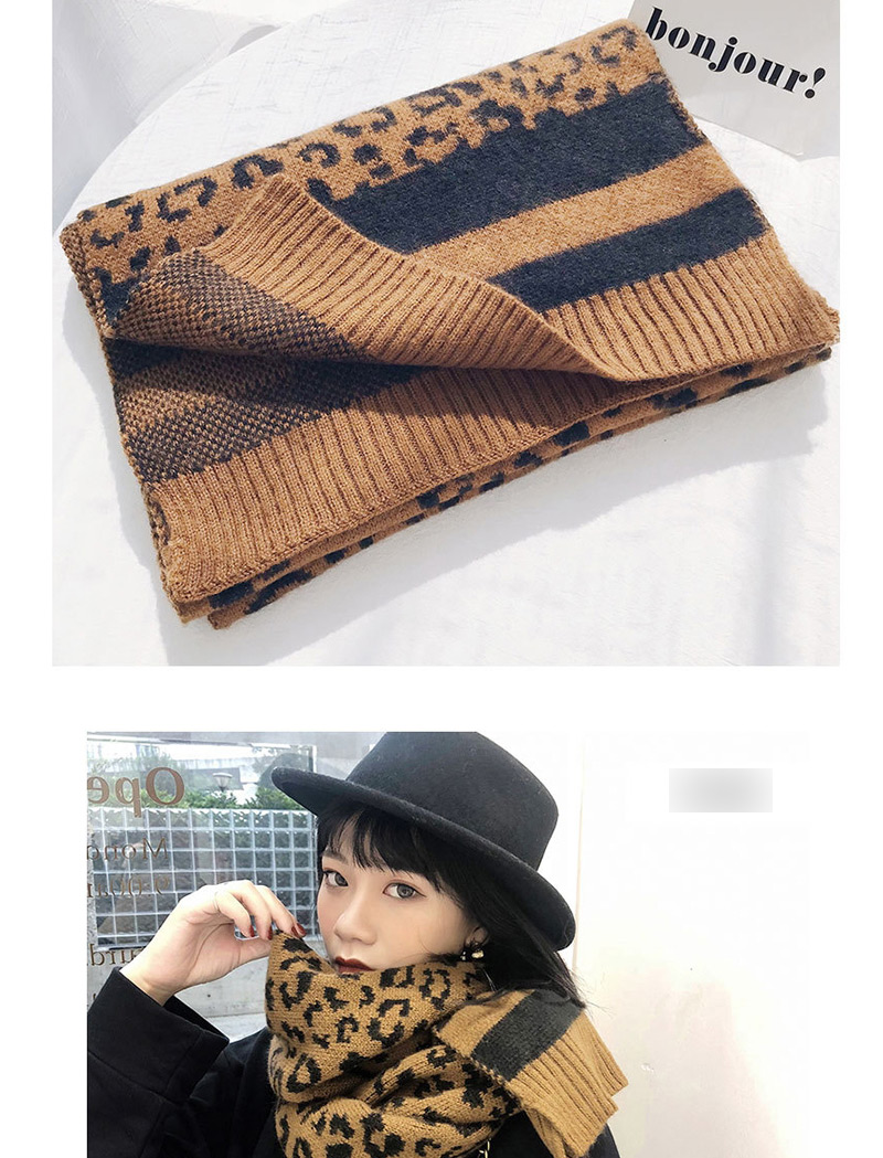 Fashion Leopard Light Coffee Wool Knit Scarf Shawl Dual Purpose,knitting Wool Scaves