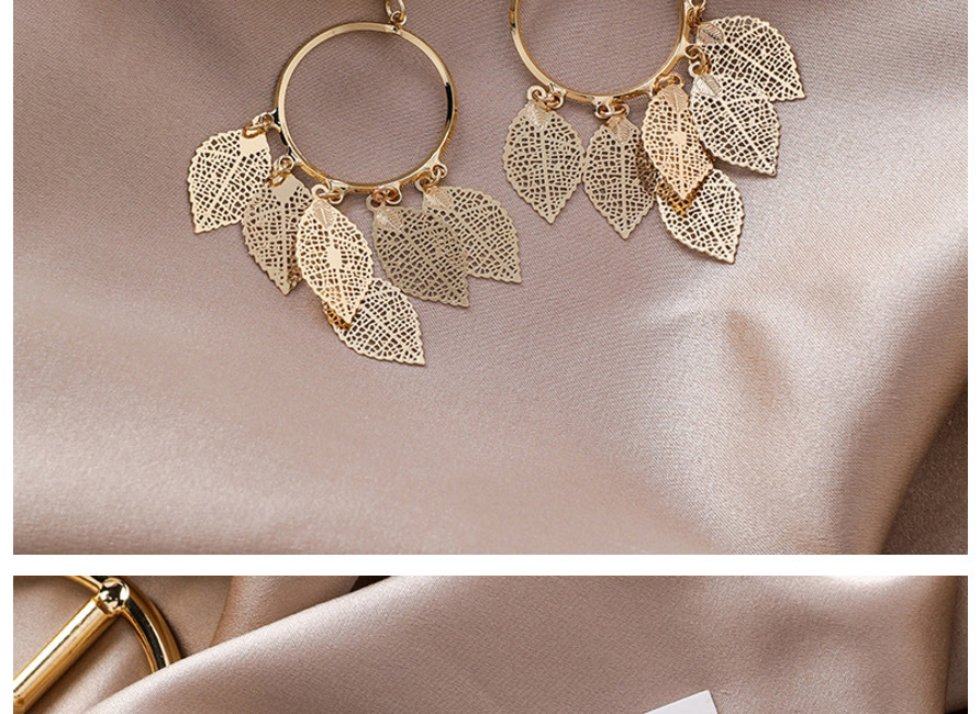 Fashion Gold Fringed Geometric Circle Openwork Leaf Earrings,Drop Earrings