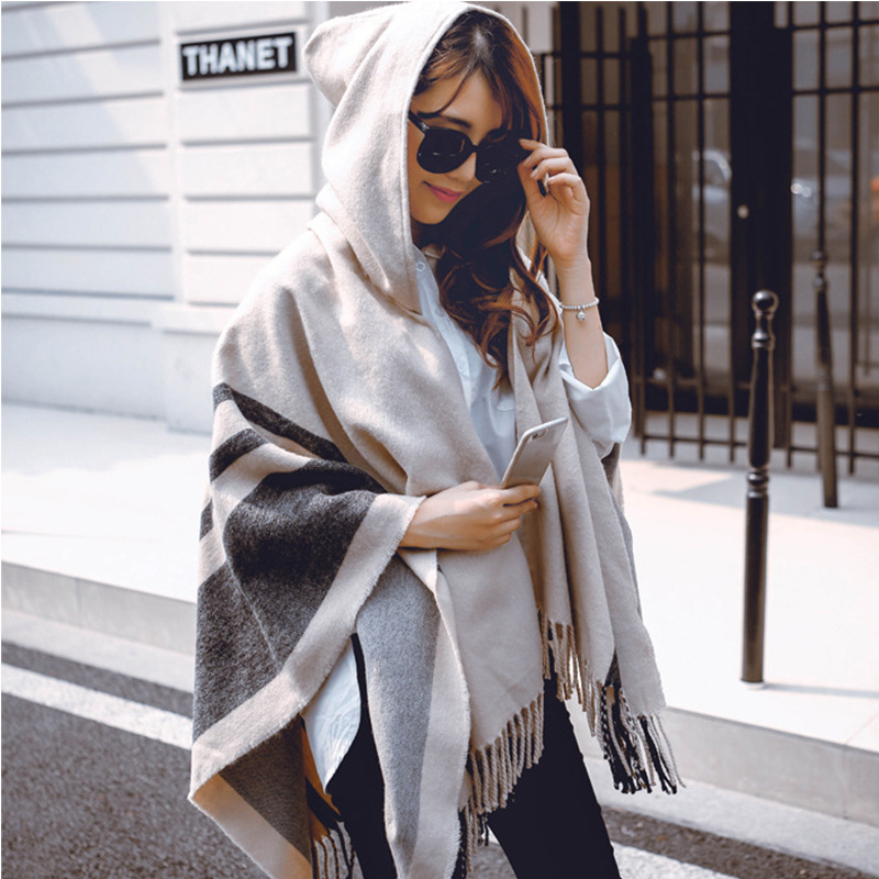  Black Contrast Stripes Imitation Cashmere Tassel Hooded Cloak,Sweater