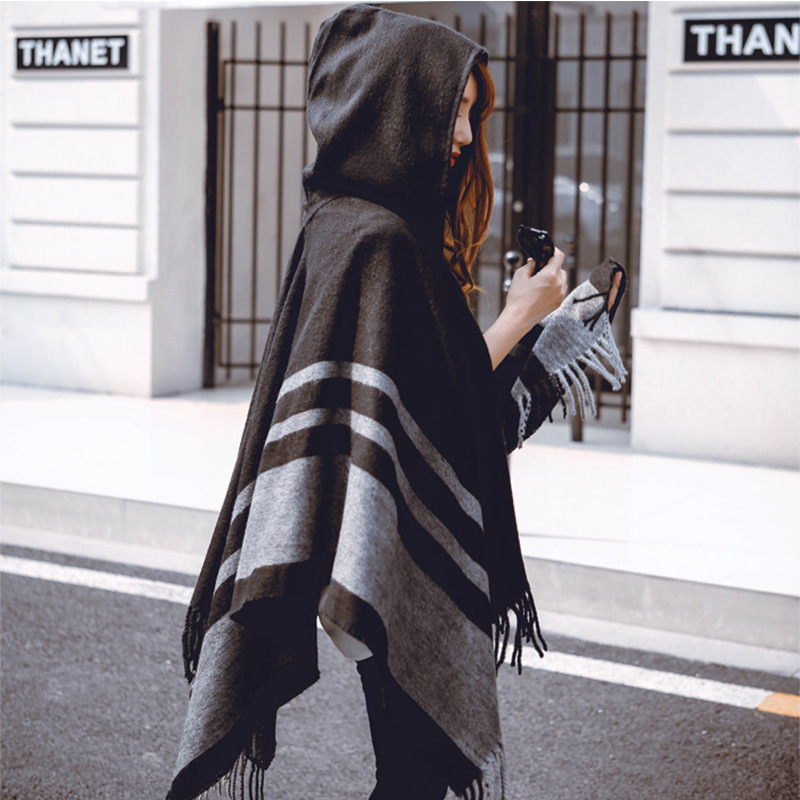  Beige Contrast Stripes Imitation Cashmere Tassel Hooded Cloak,Sweater