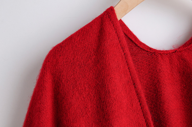  Red Wine Pocket Solid Color Imitation Cashmere Tassel Cloak,Sweater