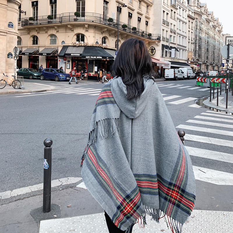  Gray Colorful Striped Imitation Cashmere Tassel Hooded Cape,Sweater