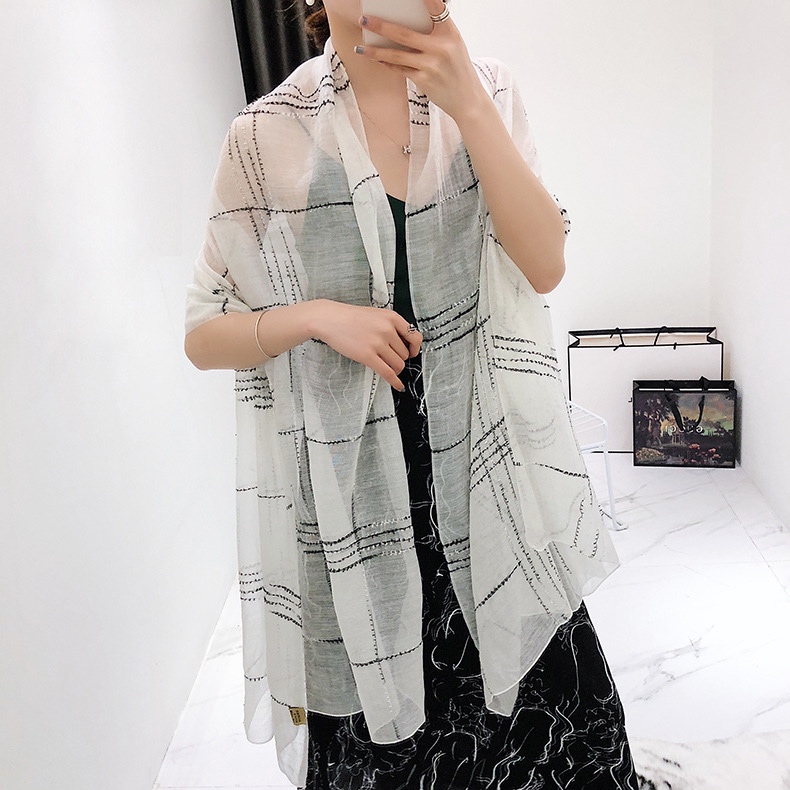  White Large Plaid Silk And Wool-blend Scarf Shawl,Thin Scaves
