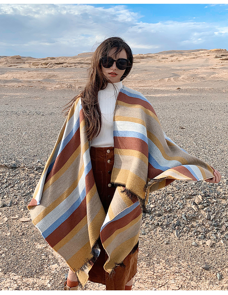  Color Striped Imitation Cashmere Shawl Cloak,Sweater