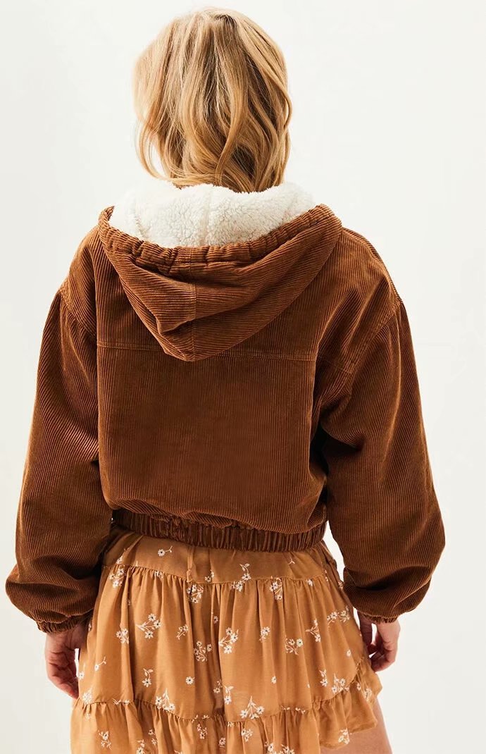  Brown Corduroy Quilted Hooded Coat,Coat-Jacket