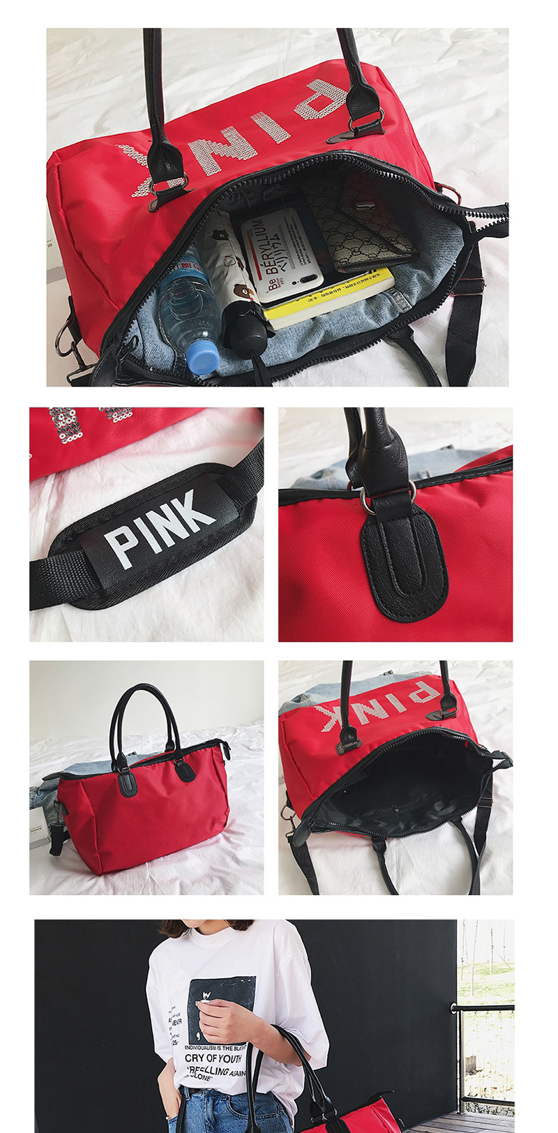  Rose Red Letter Pink Portable Bag,Handbags