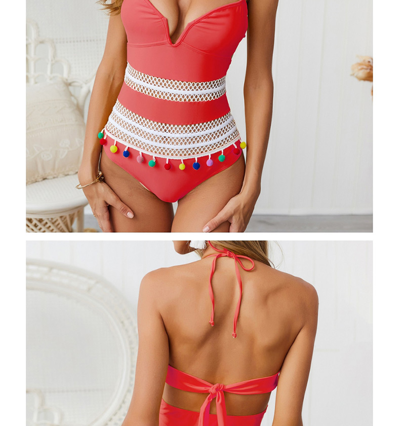 Red White Flower Tassel Hanging Neck Strap Backless Deep V One-piece Swimsuit,One Pieces