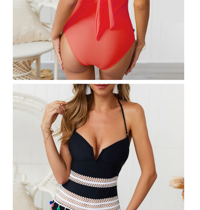  Red Tassel Hanging Neck Strap Backless Deep V One-piece Swimsuit,One Pieces