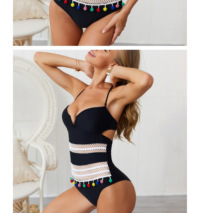  Black Tassel Hanging Neck Strap Backless Deep V One-piece Swimsuit,One Pieces