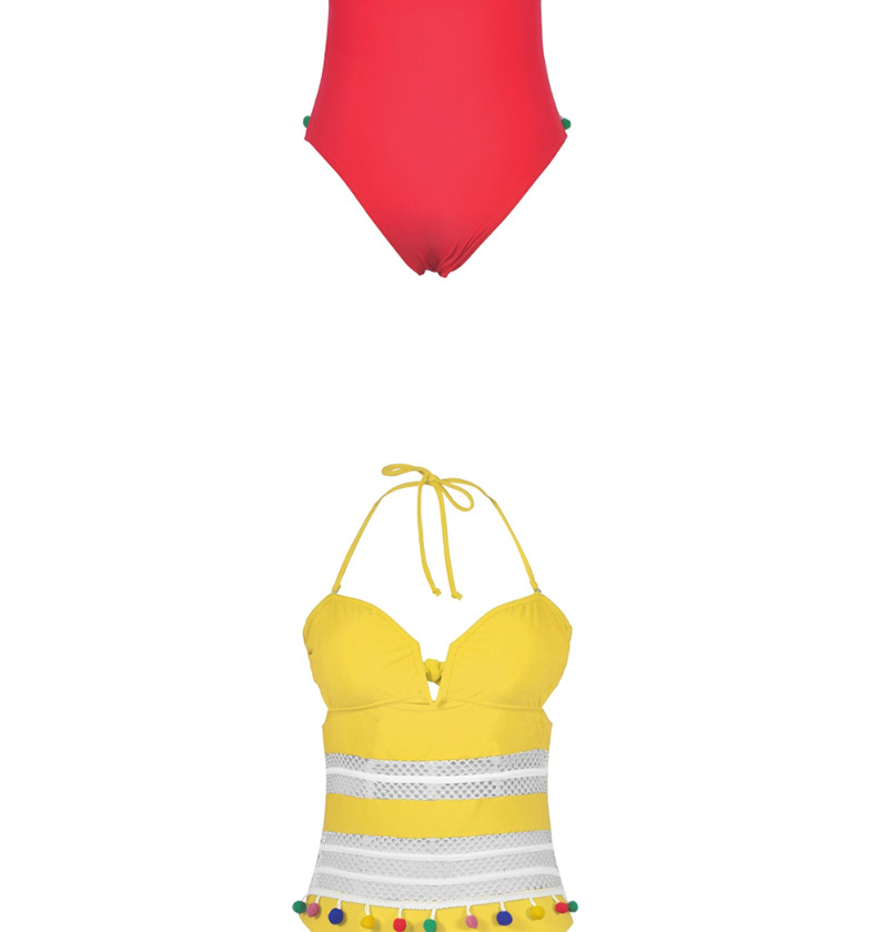  Yellow Tassel Hanging Neck Strap Backless Deep V One-piece Swimsuit,One Pieces