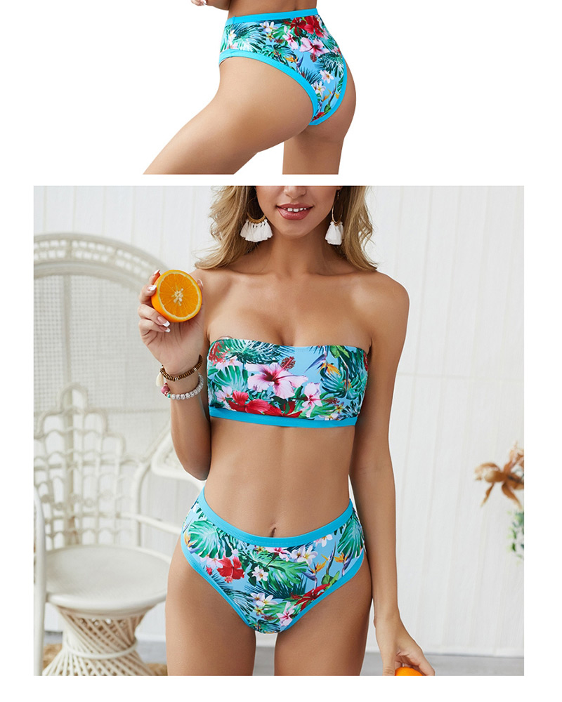  Sky Blue Flower Printed Tube Top High Waist Bikini Two-piece Suit,Bikini Sets