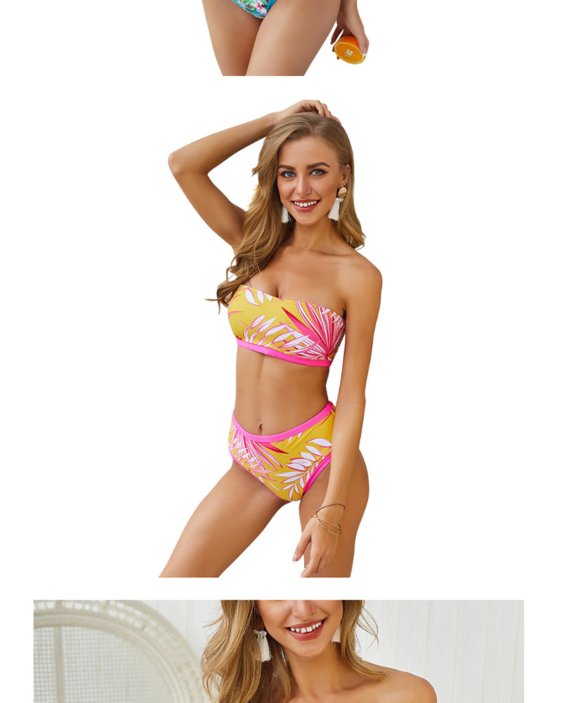  Pink Printed Tube Top High Waist Bikini Two-piece Suit,Bikini Sets