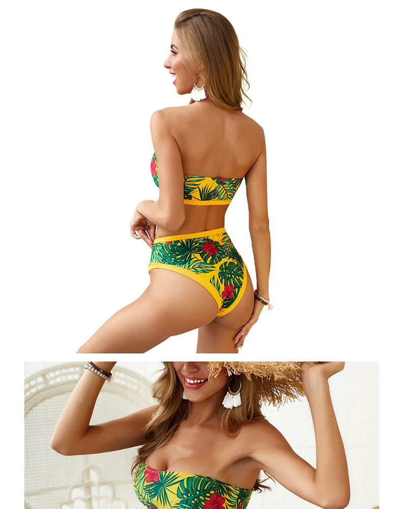  Yellow Green Leaf Printed Tube Top High Waist Bikini Two-piece Suit,Bikini Sets
