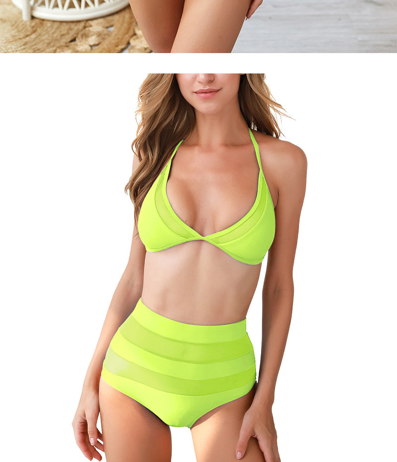  Fluorescent Green Printed Mesh Stitching Deep V High Waist Bikini,Bikini Sets