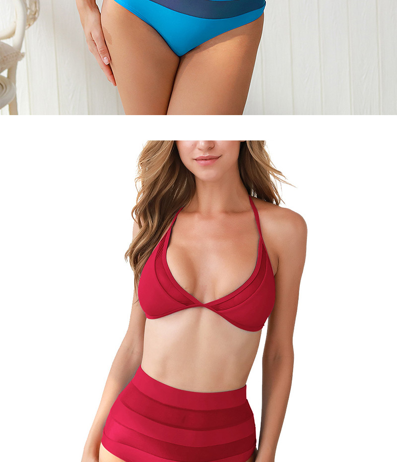  Blue Strips Printed Mesh Stitching Deep V High Waist Bikini,Bikini Sets