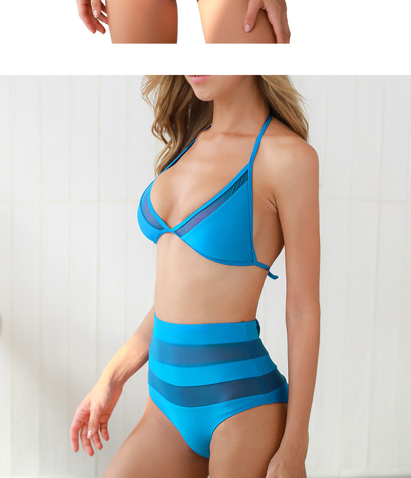  Lake Blue Leaf Print Printed Mesh Stitching Deep V High Waist Bikini,Bikini Sets